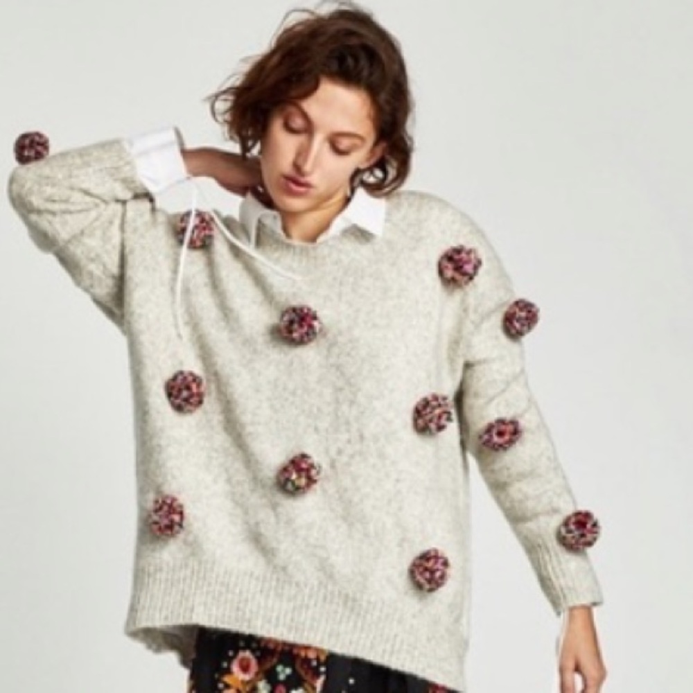 Zara Knits Multicolored Pom-Pom Grey Knit Sweater Pullover Oversized Sz М